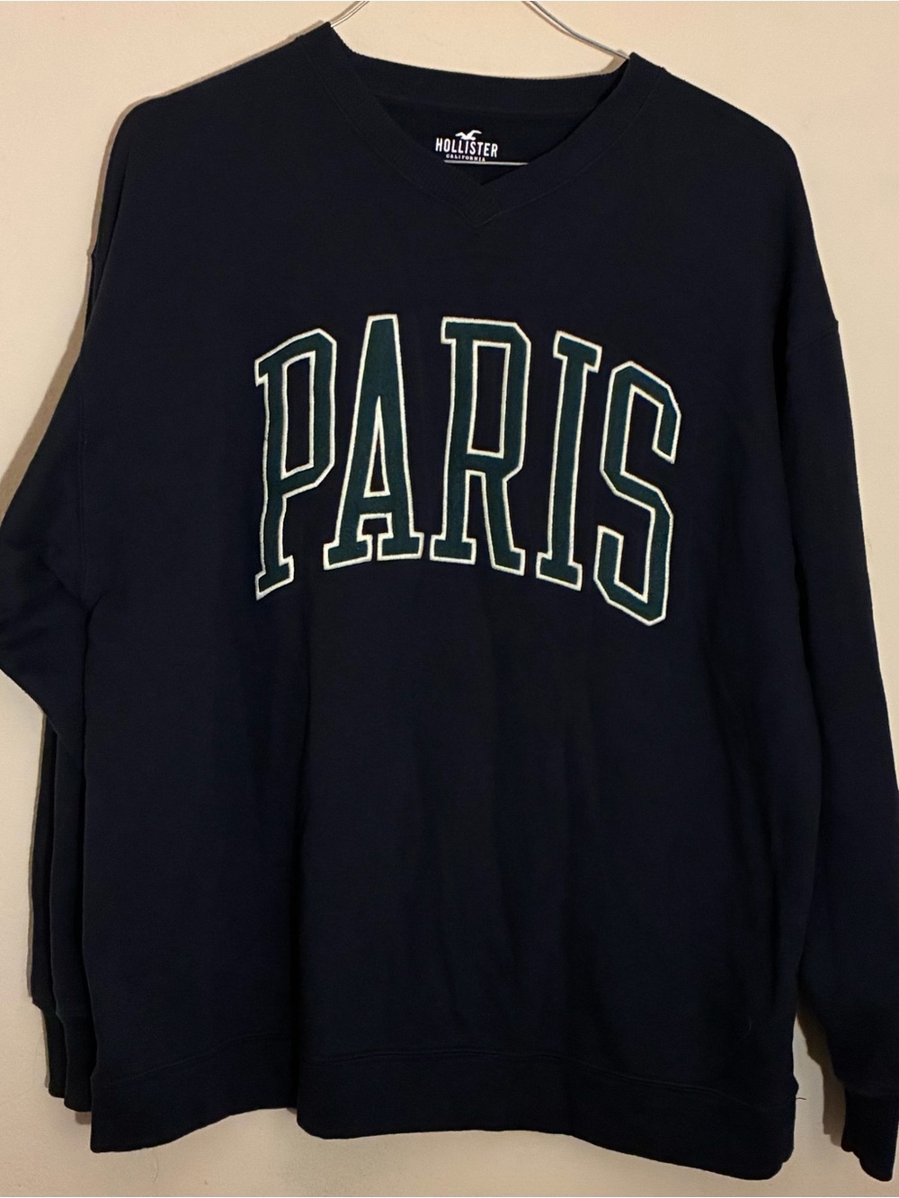 Hollister Women’s Navy Crewneck Sweatshirt with Green-Outlined PARIS Applique